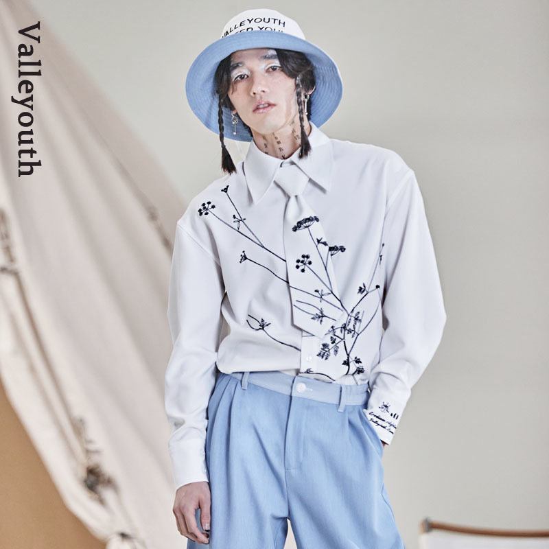 冰草植物刺绣领带款复古长袖衬衫