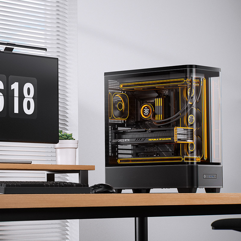 乔思伯TK-5无立柱海景房机箱ATX台式电脑曲面玻璃360水冷4硬盘位