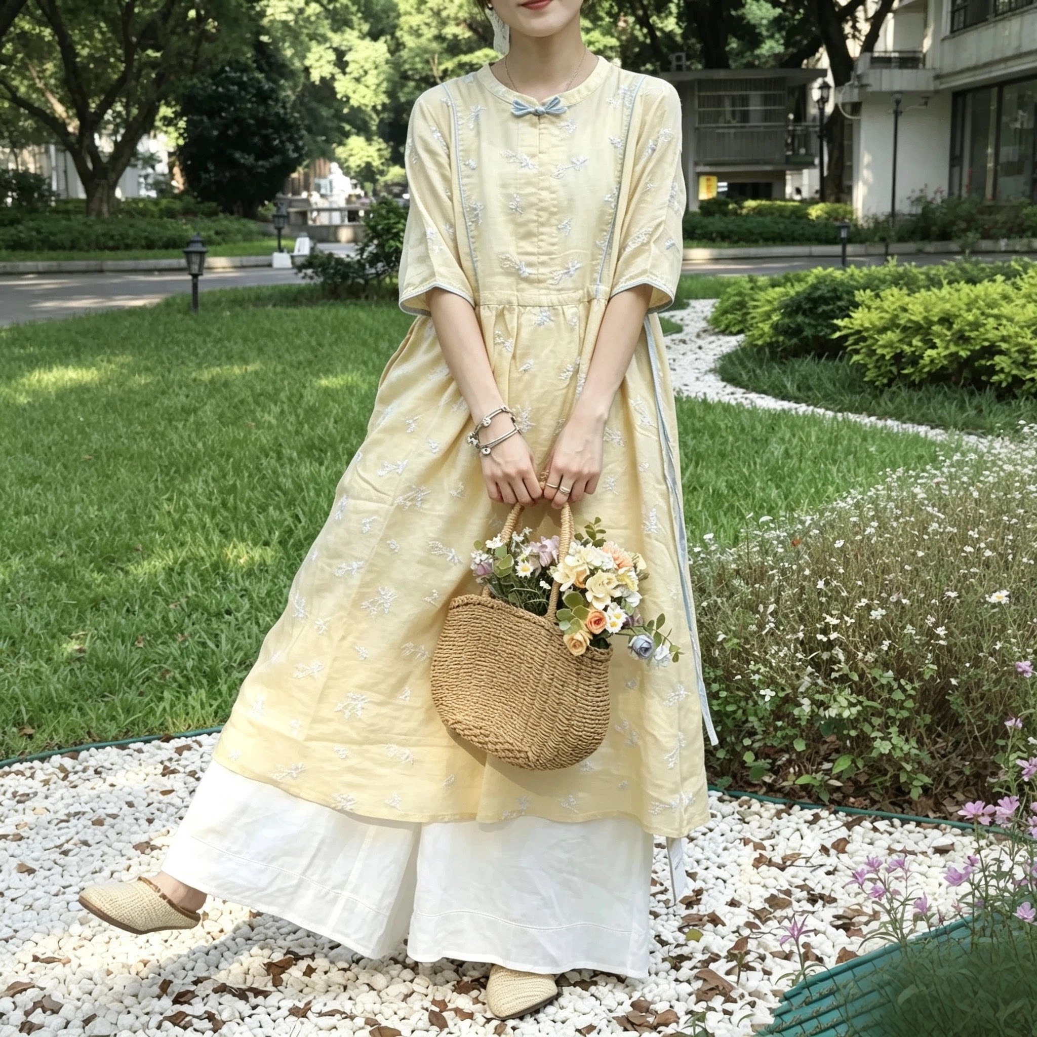 浅黄刺绣苎麻小立领显瘦连衣裙
