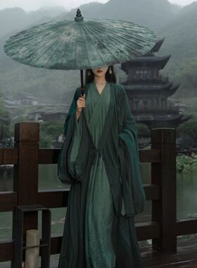 青慕阁绿色原创汉服女小个子直裾古装魏晋风改良广袖流仙清冷感