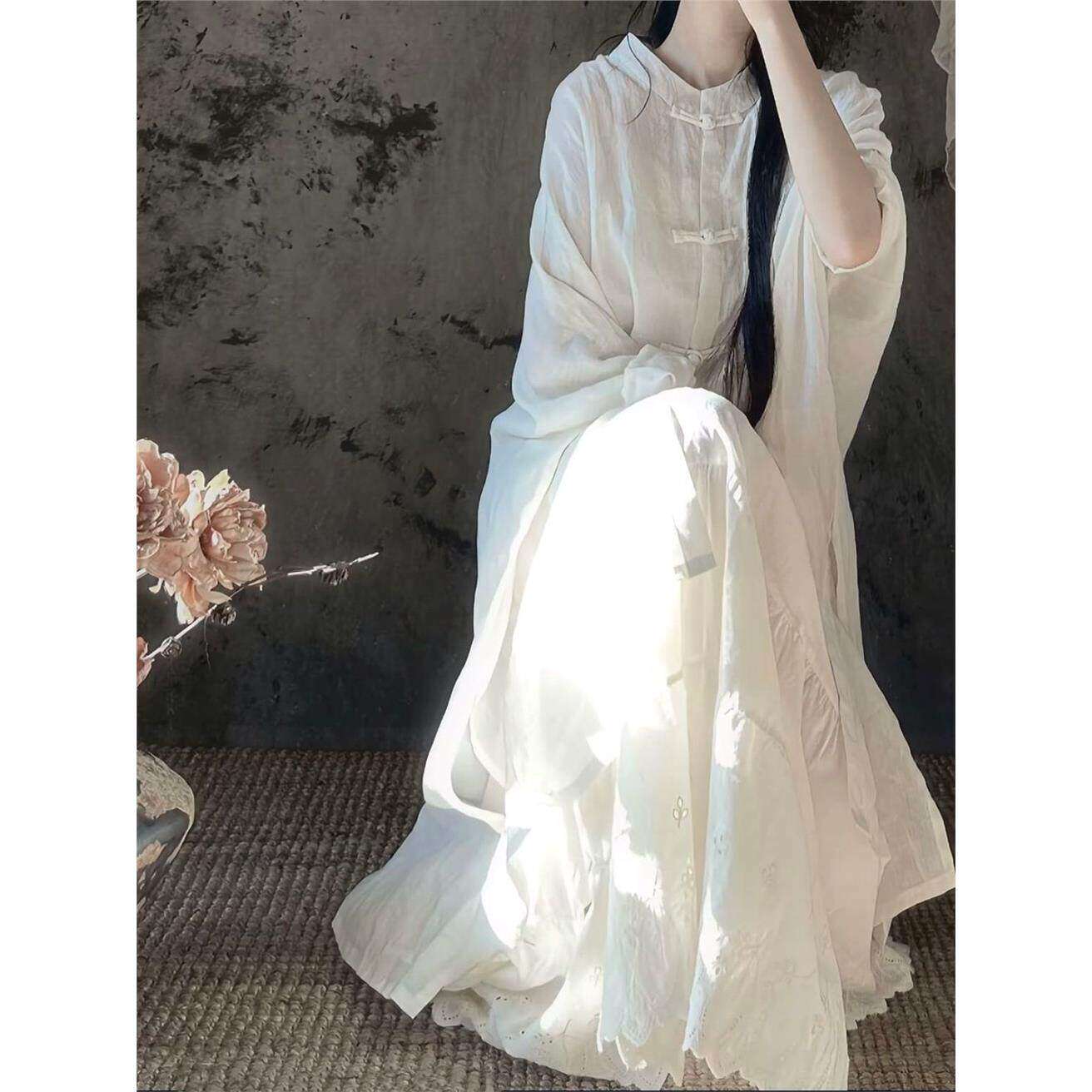 棉麻盘扣衬衫长版禅意风茶服佛系禅服女唐装民族中国风套装半身裙