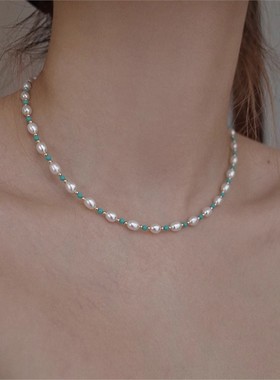 进口强光淡水珍珠美拉德。诸暨绿松石银项链女复古感