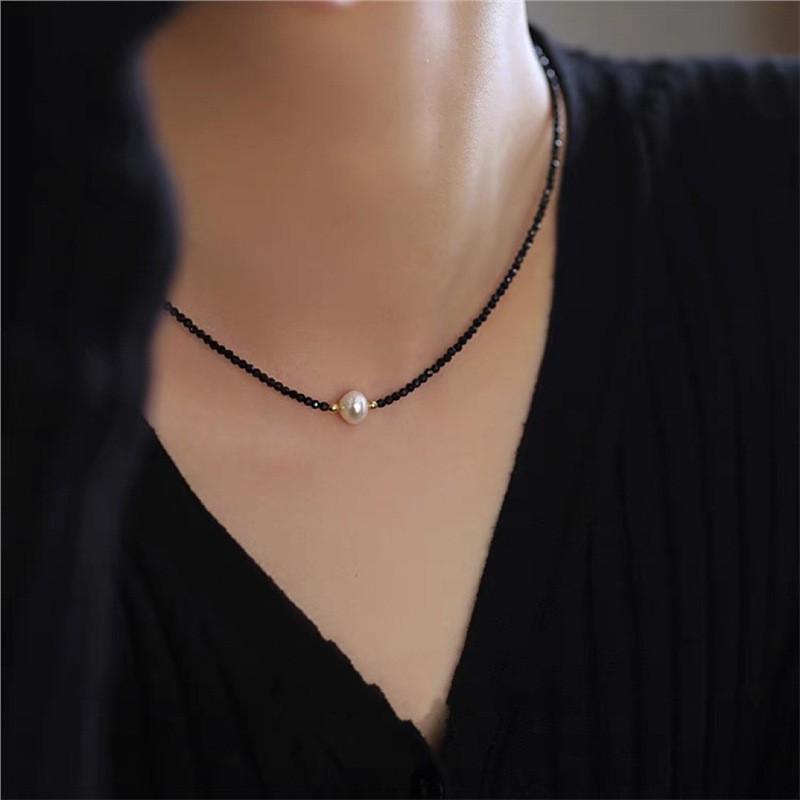 进口暗夜丨设计款极细黑尖晶淡水珍珠6-7mm银锁骨项链叠戴时尚