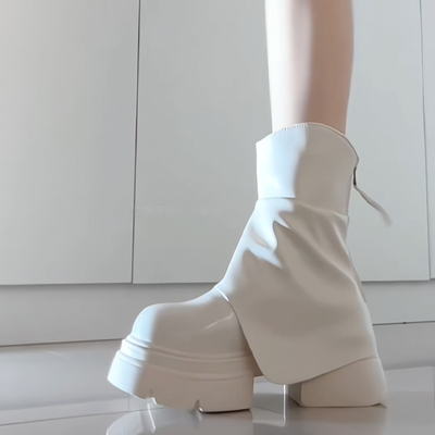 白色短靴女款春秋季厚底堆堆裤管靴大头增高马丁靴粗跟弹力烟筒靴
