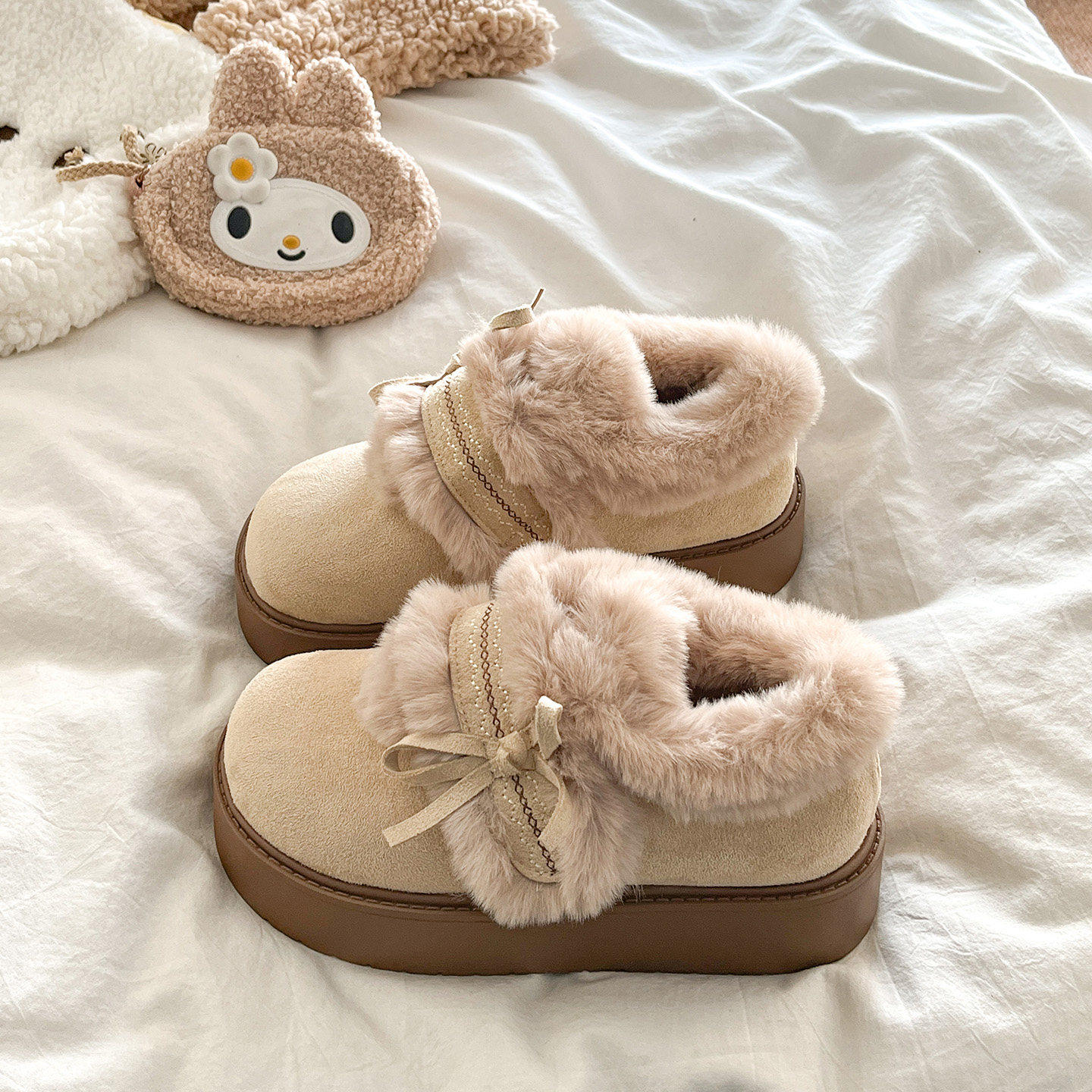 复古米色厚底加绒保暖勃肯鞋女2025冬季新款圆头魔术贴毛毛棉鞋子,女鞋,时尚雪地靴,淘宝优惠券,粉丝福利购,淘宝优惠卷