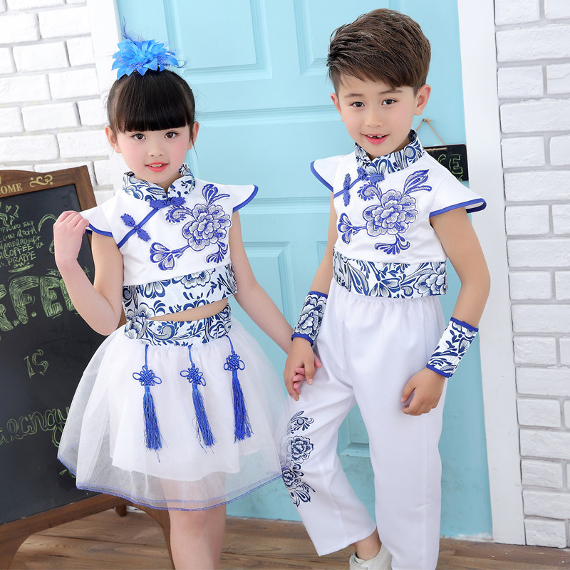六一儿童青花瓷演出服蓬蓬纱裙男女幼儿舞蹈表演服装中国风大合唱
