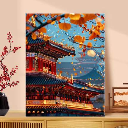古风月下庭院-diy数字油画手绘丙烯画手工填充填色丙烯解压油彩画