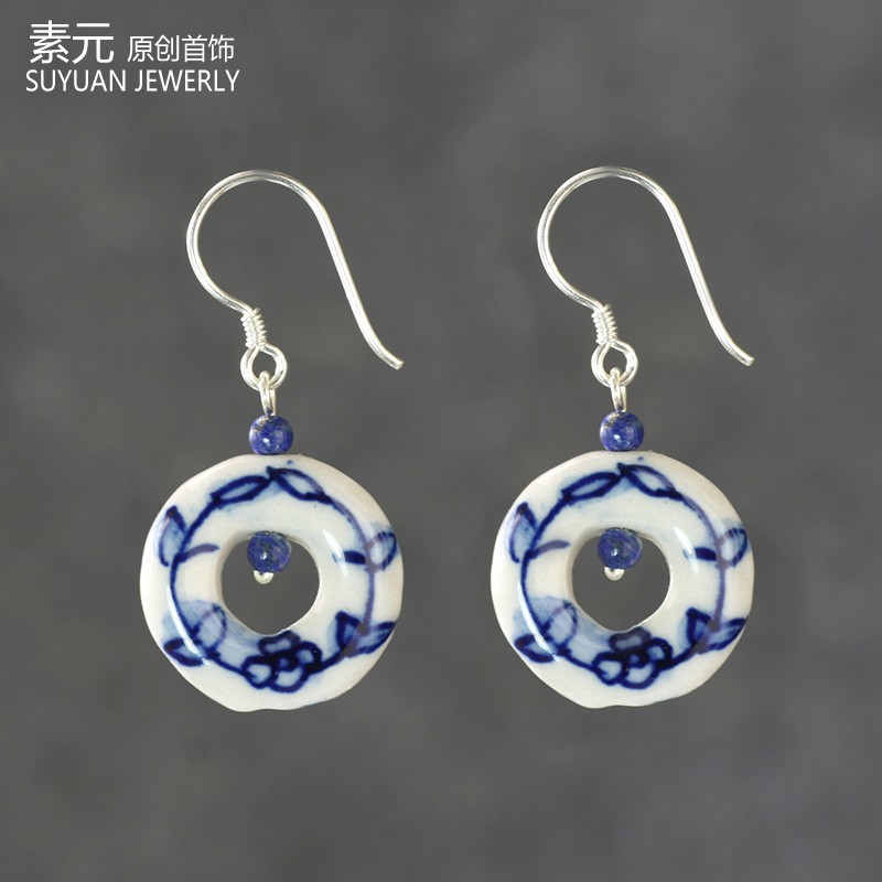 新款青花瓷甜甜圈古典S990足银耳环小众文艺汉服创意蓝色耳坠首饰