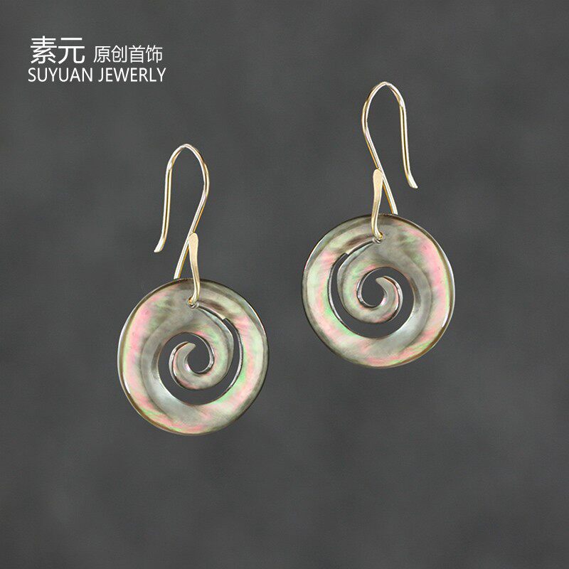 20mm天然黑蝶贝壳海浪14K包金耳环雕花原创设计潮流网红耳坠饰品