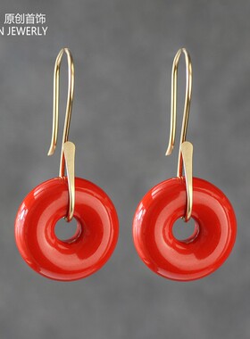 18mm红色朱砂14K包金耳环圆形新中式喜庆新娘旗袍复古平安扣耳饰