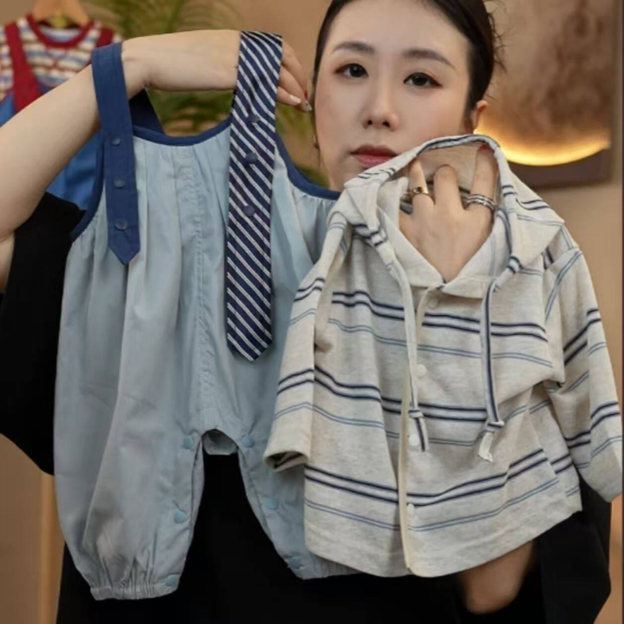 夏季男女童分体两件套婴儿条纹透气外出服宝宝薄款长袖背带裤套装