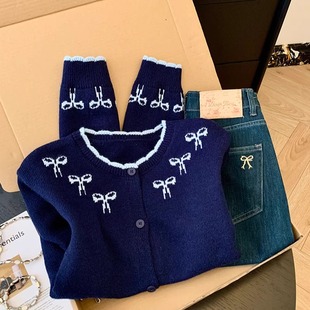 女秋冬新款 复古提花蝴蝶结针织开衫 宽松百搭毛衣外套 推荐 自留款