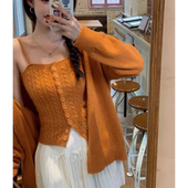 二件套港风复古麻花排扣针织背心v领开衫 套装 女秋冬宽松慵懒上衣