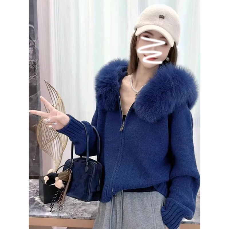 冬季大毛领连帽针织开衫外套上衣