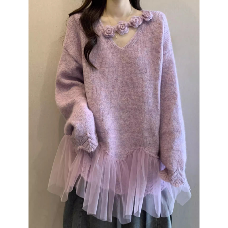 秋冬新款韩系挂脖花朵网纱毛衣