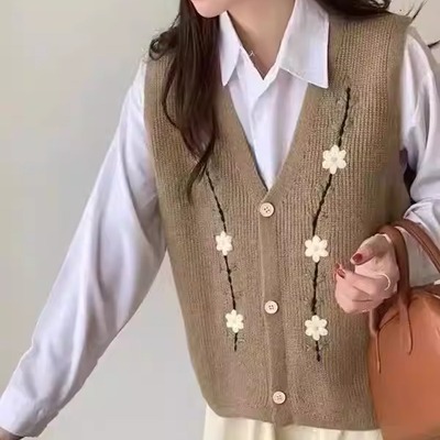 春秋刺绣花朵针织马甲背心