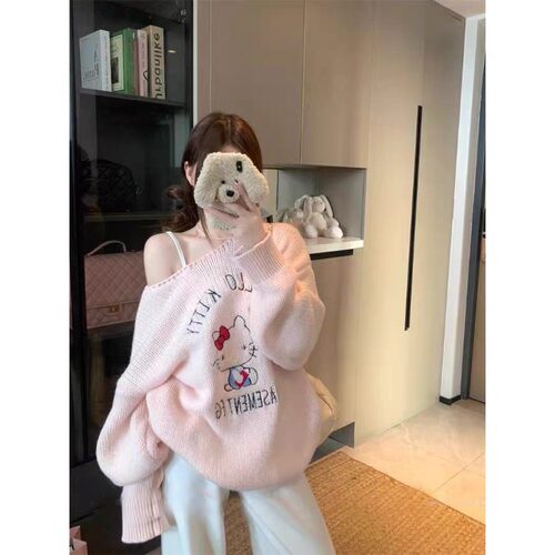 秋季斜领露肩长袖刺绣毛针织衫