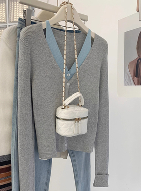 灰色v领不规则假两件针织开衫女秋冬毛衣外套显瘦短款上衣小个子