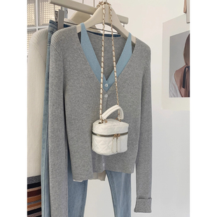 灰色v领不规则假两件针织开衫女秋冬毛衣外套显瘦短款上衣小个子