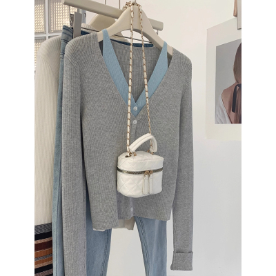秋冬v领不规则假两件针织开衫