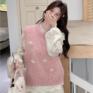 法式小香风设计感花朵钉珠粉色针织马甲女秋冬叠穿无袖毛衣背心衫