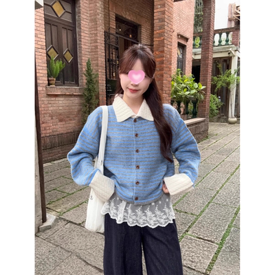 早秋小香风条纹Polo领慵懒针织衫