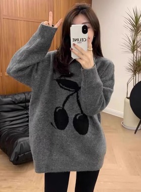 欧货灰色樱桃假两件毛衣女2025秋冬慵懒风宽松时尚针织上衣潮