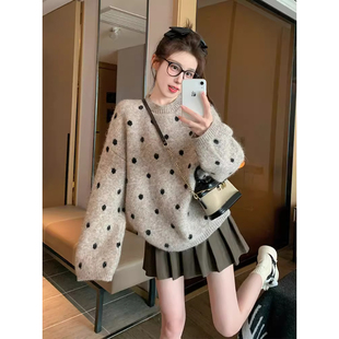 卡其色波点套头毛衣女2025新款 上衣 秋冬宽松休闲慵懒风内搭针织衫