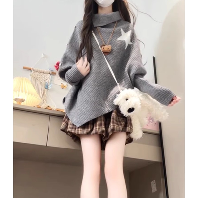 新款高领斗篷不规则长袖针织衫