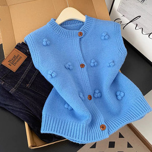 韩系高级感蓝色立体毛球针织马甲女秋季时尚气质叠穿无袖背心上衣