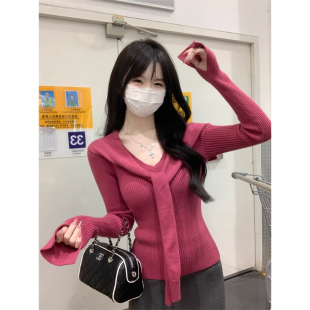 女修身 针织衫 显瘦巨好看毛衣两件套上衣 韩系穿搭披肩v领长袖 秋季