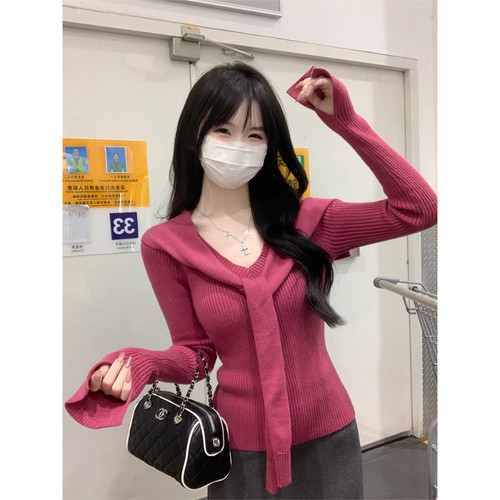 披肩v领长袖针织衫毛衣两件套