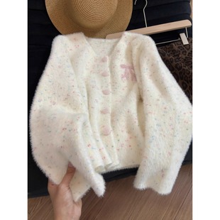 韩系甜刺绣彩点毛绒绒毛衣外套女2025秋冬显瘦小香风针织开衫上衣