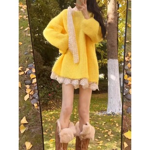 韩系氛围感黄色蕾丝系带针织毛衣女秋冬新款宽松休闲气质减龄上衣