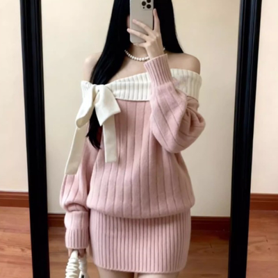 秋冬新款一字肩针织长袖包臀裙