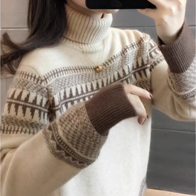 冬季复古高领撞色针织衫套头毛衣