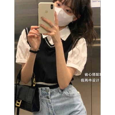 假两件短袖衬衫短款上衣