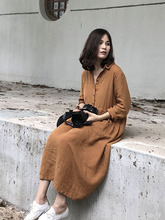 棉麻A字纯色文艺百搭打底裙女 长袖 秋冬大码 微胖显瘦连衣裙中长款