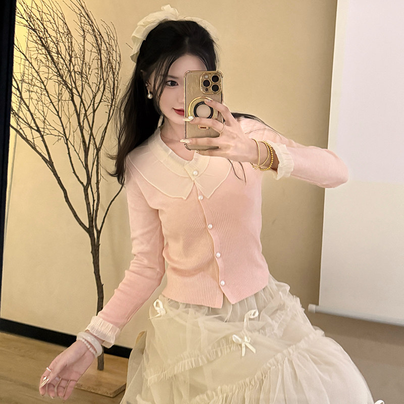 早秋粉色长袖打底针织开衫绝美小衫女荷叶边娃娃领甜美温柔风上衣