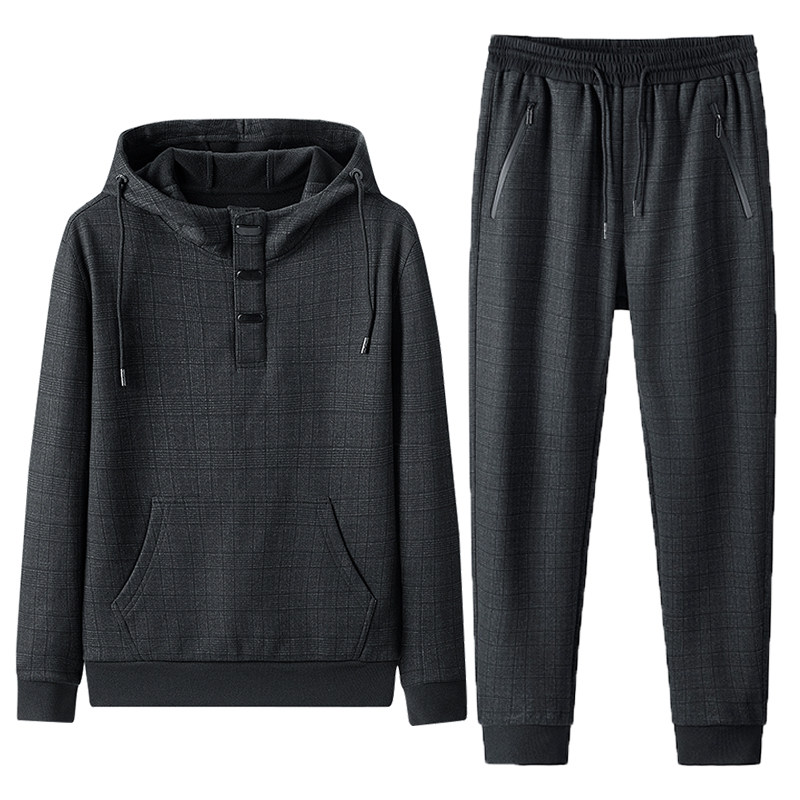 CASUAL FLEECE SUIT MENS AUTUMN AND WINTER FASHION HOODED LOOSE SPORTSWEAR TWO-PIECE SET SANDED FOR MIDDLE-AGED AND ELDERLY WARMTH