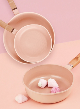 韩国进口 Roichen 抗菌陶瓷涂层马卡龙煎锅炒锅拉面锅两用锅 粉色