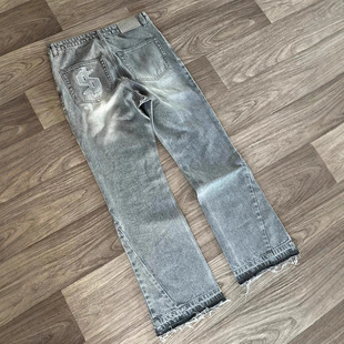 跨境美式高街水洗复古牛仔裤做旧字母刺绣男女阔腿毛边宽松直筒裤