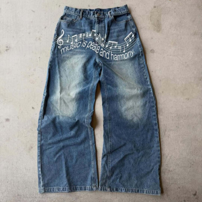 跨境美式复古字母印花牛仔裤女水洗宽松直筒牛仔裤baggy jeans