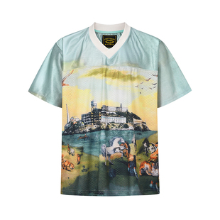 corteiz恶魔岛恶搞梵高油画向日葵星空V领短袖t恤衫男女情侣上衣