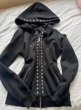 2025欧美跨境时尚潮流连帽卫衣烫钻纯色街头修身外套Y2k