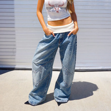 跨境纯棉美式复古y2k休闲水洗拼接直筒宽松翻腰松紧低腰牛仔裤女