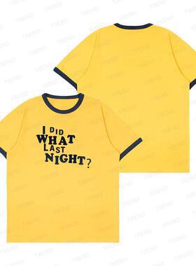 2025跨境WHAT拼色网红同款短袖宽松上衣英文印花套头T恤