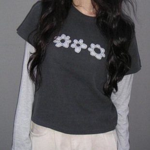 显瘦假两件百搭y2k花卉印花休闲T恤 女装 秋季 欧美跨境街头潮流修身