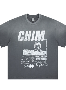 复古做旧灰 CHIM 印花 DJ 元素街头风宽松休闲短袖 T 恤男女情侣