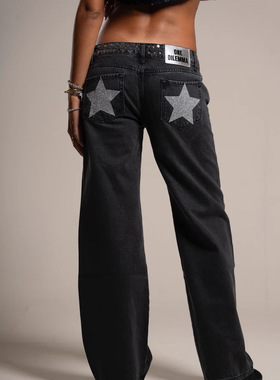 one dilemma欧美跨境星星印花镶钻牛仔裤女宽松直筒裤速卖通女装